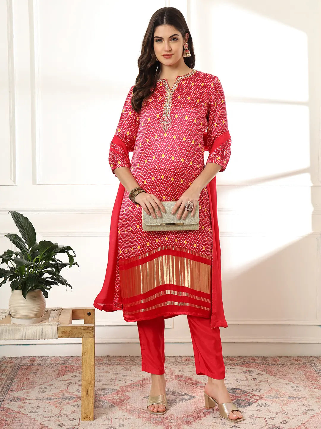 Pink Gajji Silk Zari Work Kurta With Trousers With Dupatta Set