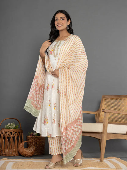 Pink Gota Patti Cotton Anarkali Kurta Dupatta Pant Set