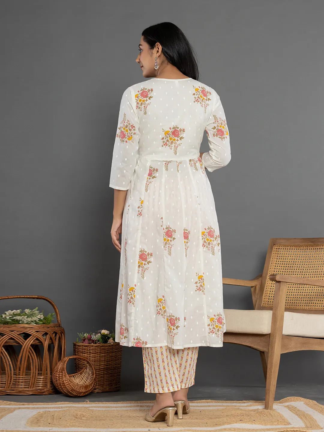 Pink Gota Patti Cotton Anarkali Kurta Dupatta Pant Set