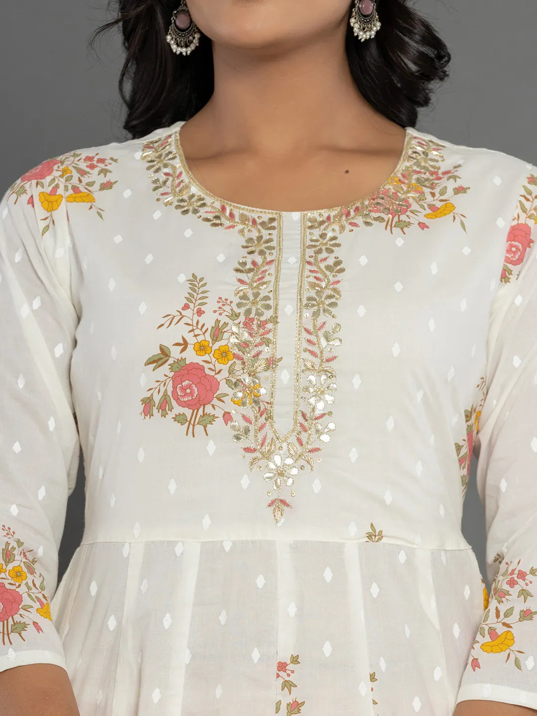 Pink Gota Patti Cotton Anarkali Kurta Dupatta Pant Set