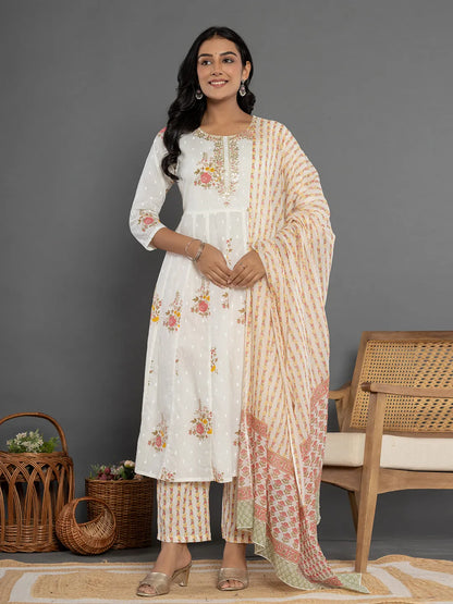 Pink Gota Patti Cotton Anarkali Kurta Dupatta Pant Set