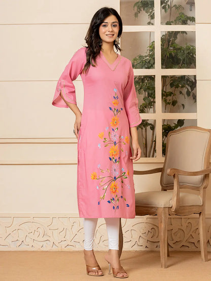 Pink Hand Painted Straight Kurta