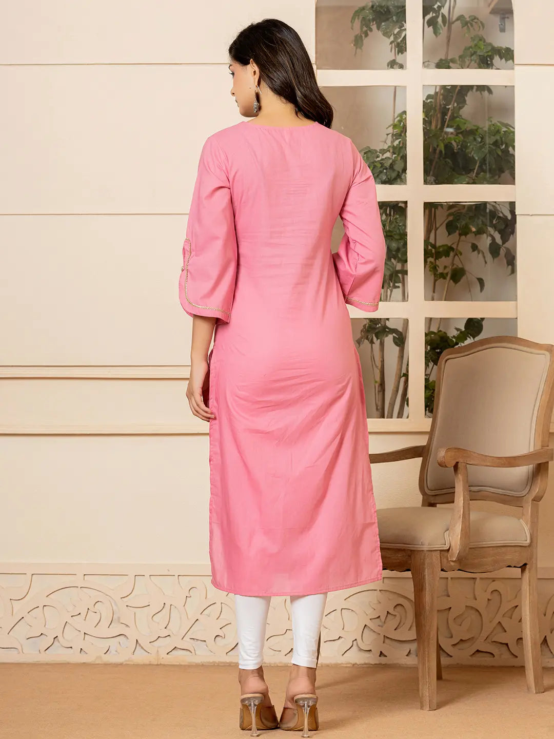 Pink Hand Painted Straight Kurta