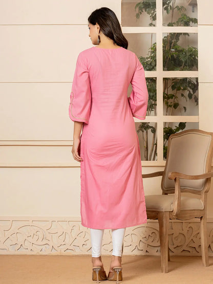 Pink Hand Painted Straight Kurta
