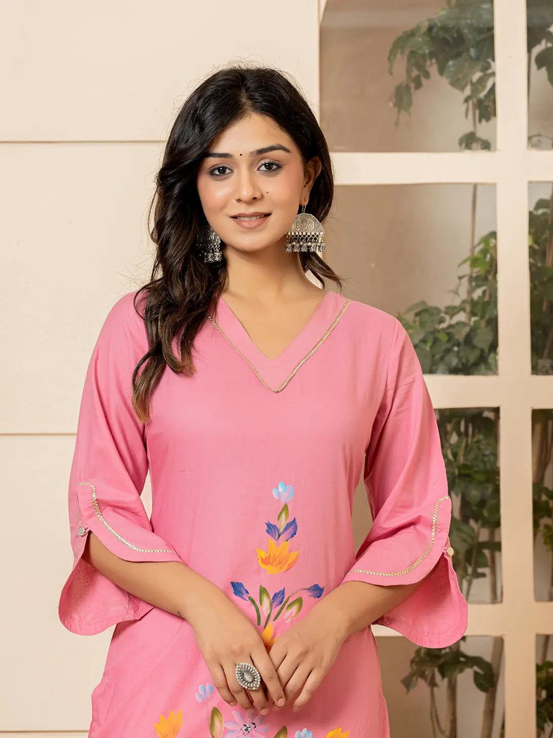 Pink Hand Painted Straight Kurta
