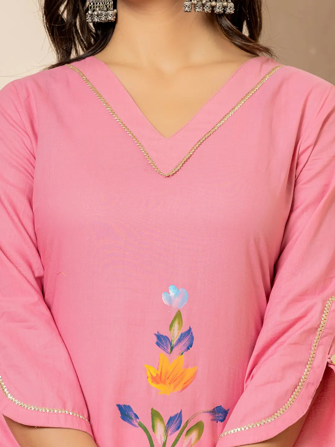 Pink Hand Painted Straight Kurta