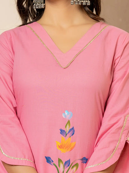 Pink Hand Painted Straight Kurta