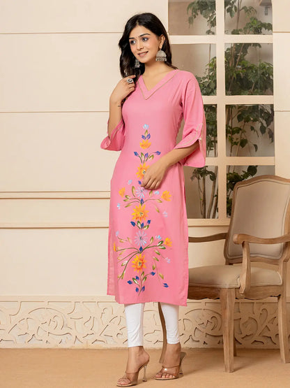 Pink Hand Painted Straight Kurta