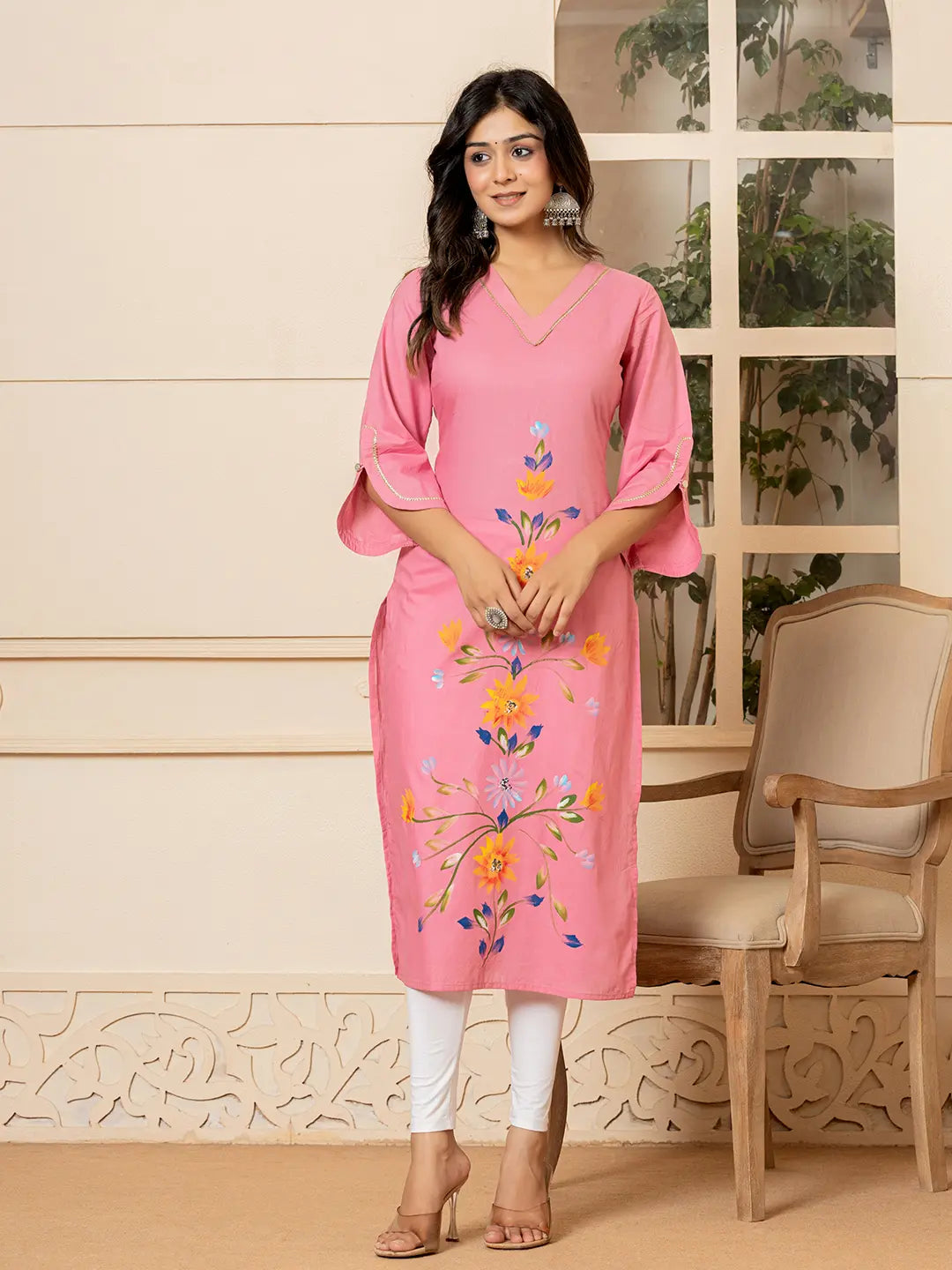 Women's Pink Cotton Pink Hand Painted Straight Kurta by Yufta, suitable for wholesale buyers, boutiques, retailers, resellers and bulk fashion orders from Trendphoria