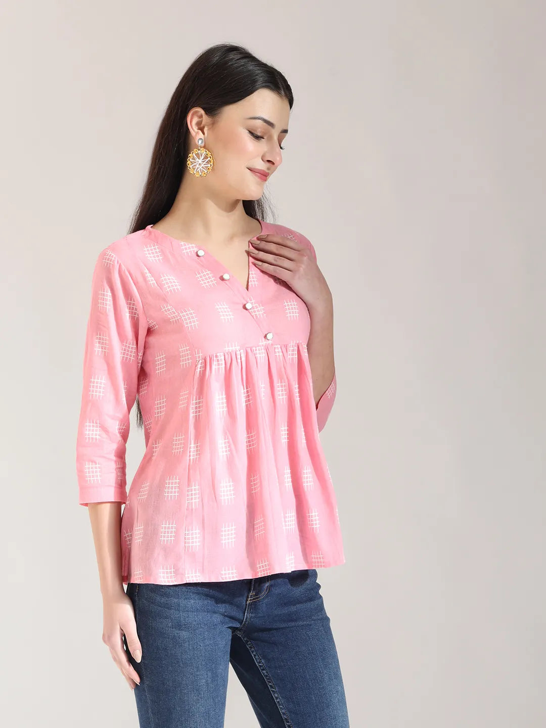 Pink Handloom Cotton Gathered Or Pleated Top