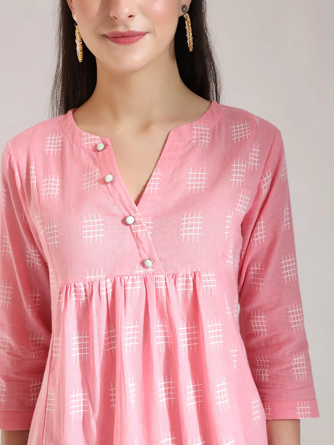 Pink Handloom Cotton Gathered Or Pleated Top