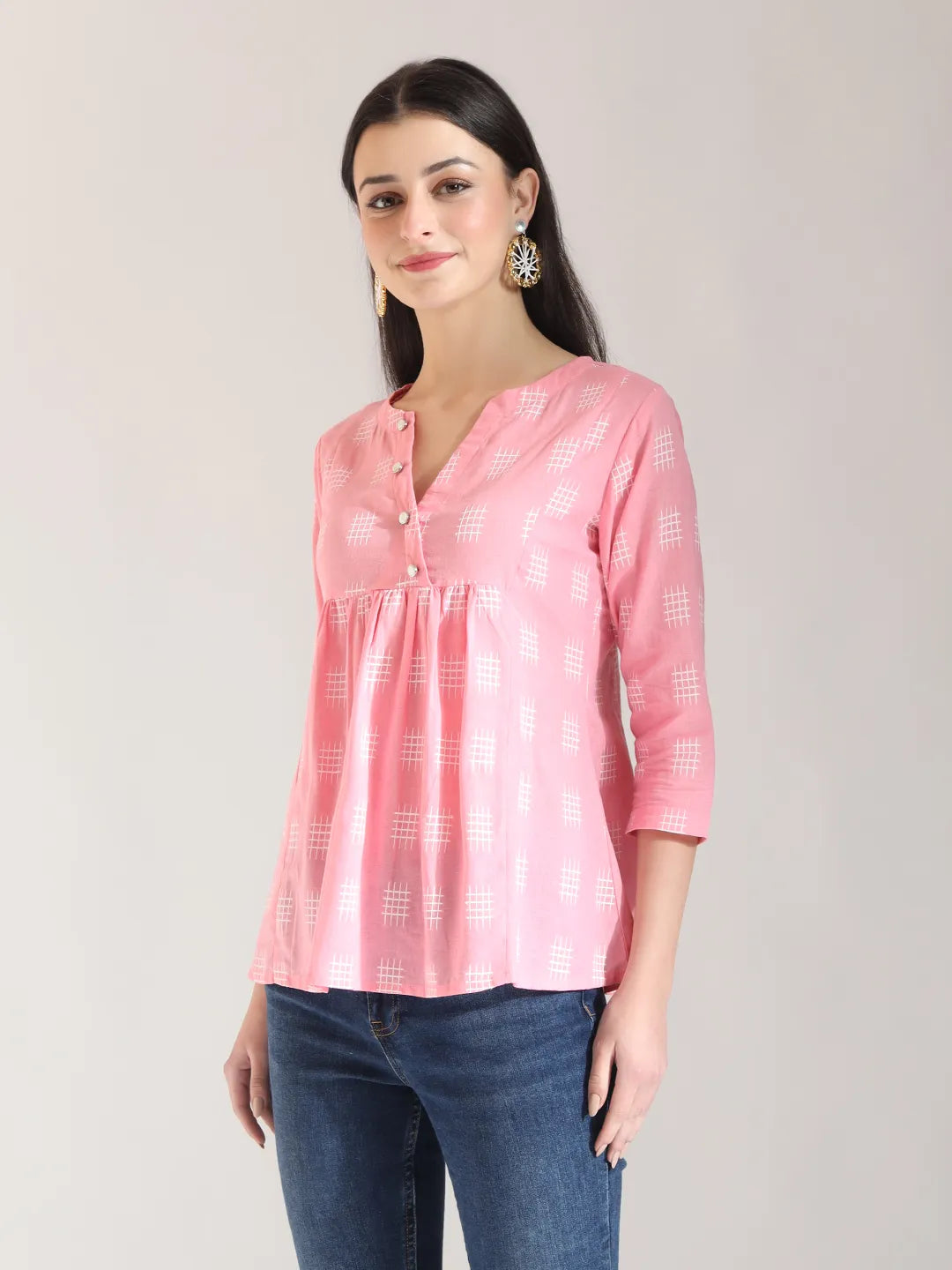 Pink Handloom Cotton Gathered Or Pleated Top