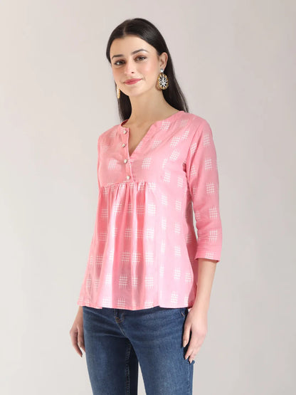 Pink Handloom Cotton Gathered Or Pleated Top