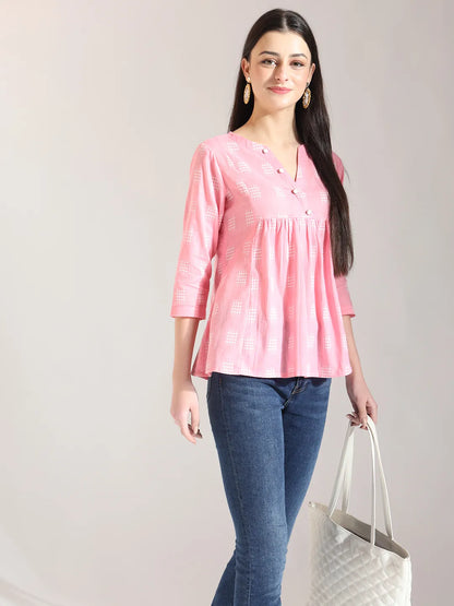 Pink Handloom Cotton Gathered Or Pleated Top