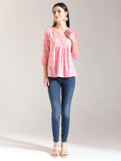 Pink Handloom Cotton Gathered Or Pleated Top