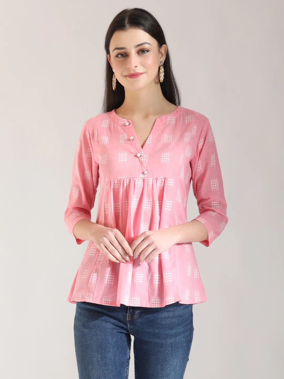 Pink Handloom Cotton Gathered Or Pleated Top