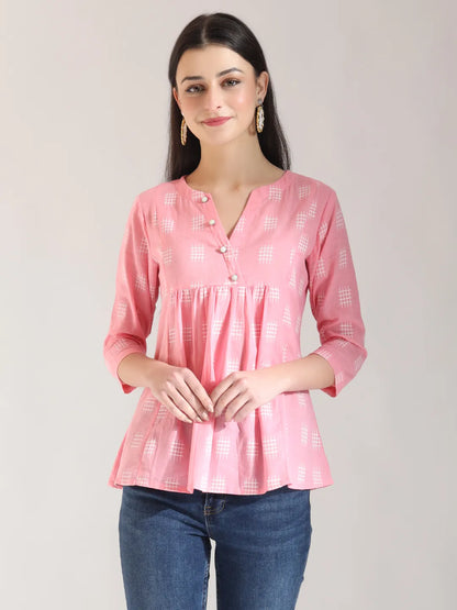 Pink Handloom Cotton Gathered Or Pleated Top