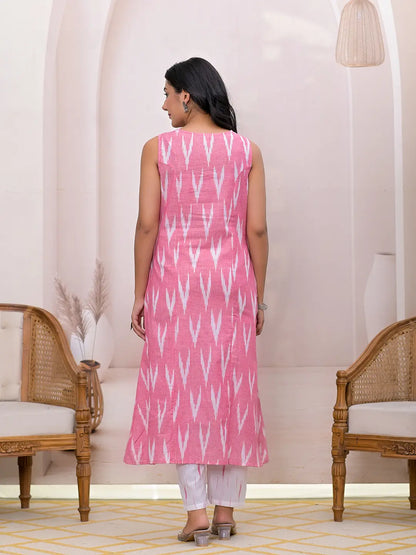 Pink Ikat Print Pure Cotton A Line Suit Set