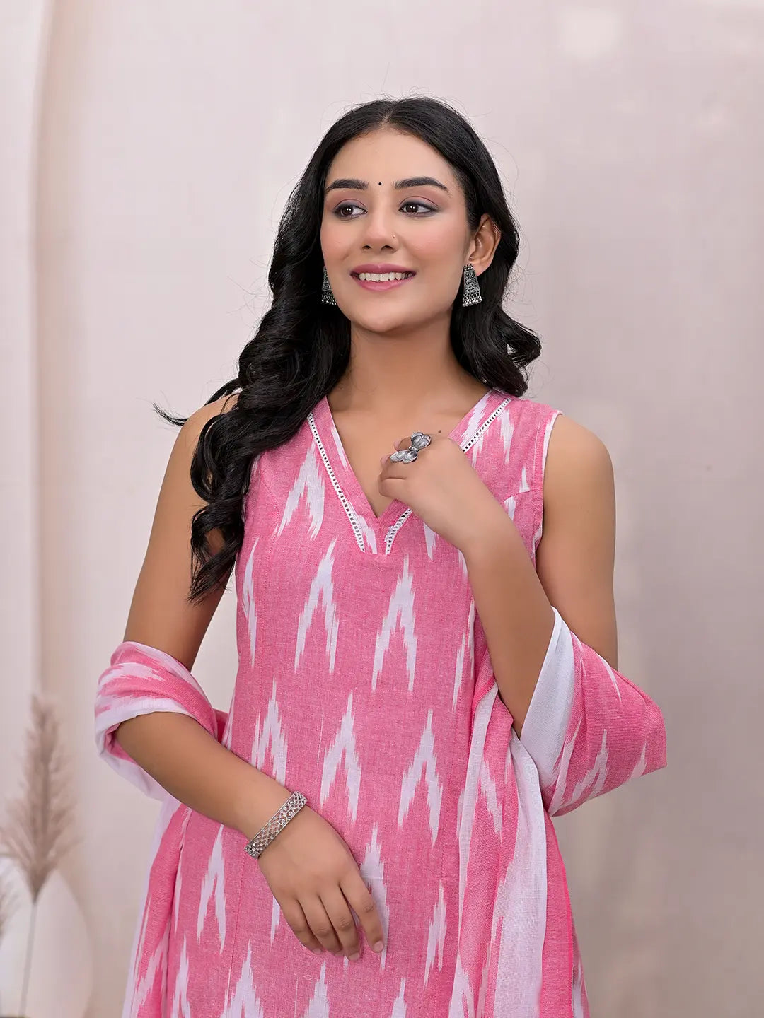 Pink Ikat Print Pure Cotton A Line Suit Set
