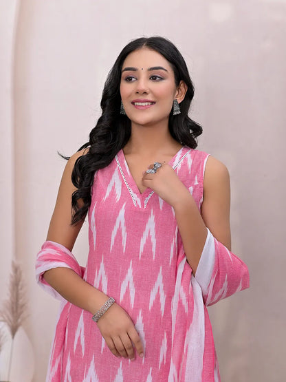 Pink Ikat Print Pure Cotton A Line Suit Set