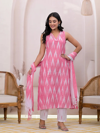 Pink Ikat Print Pure Cotton A Line Suit Set
