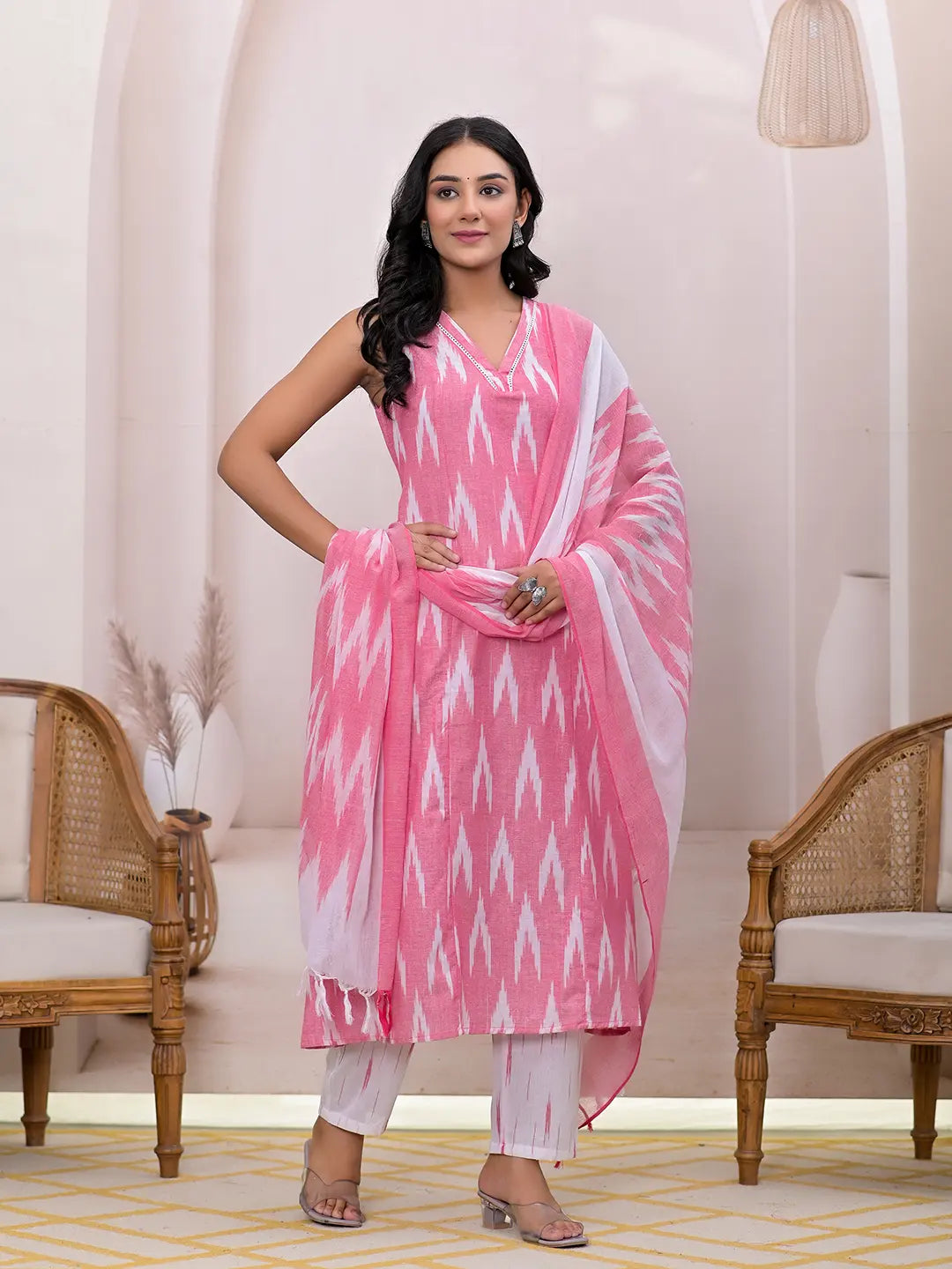 Pink Ikat Print Pure Cotton A Line Suit Set