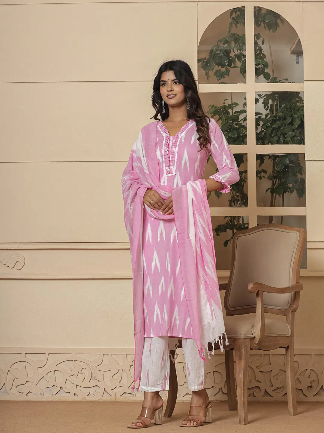Pink Ikat Print Straight Strappy Kurta Trouser And Dupatta Set