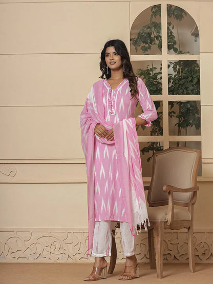 Pink Ikat Print Straight Strappy Kurta Trouser And Dupatta Set