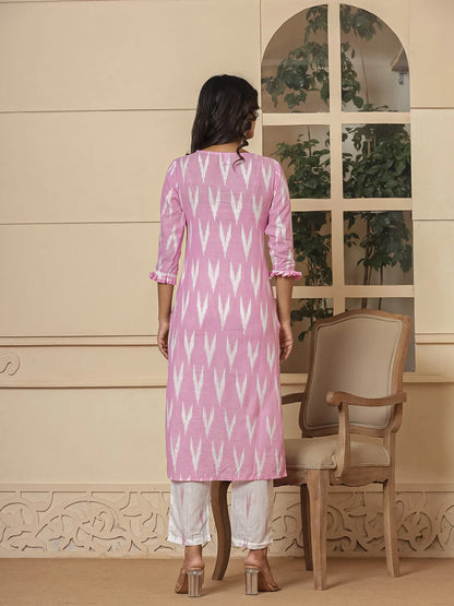 Pink Ikat Print Straight Strappy Kurta Trouser And Dupatta Set