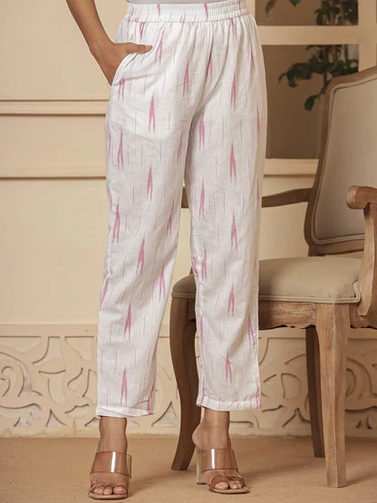 Pink Ikat Print Straight Strappy Kurta Trouser And Dupatta Set