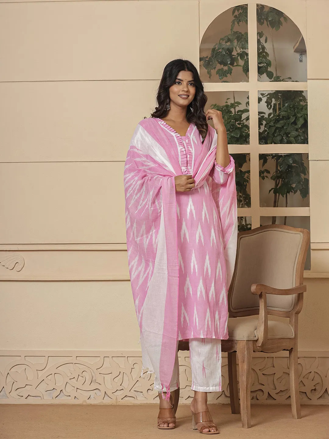 Pink Ikat Print Straight Strappy Kurta Trouser And Dupatta Set