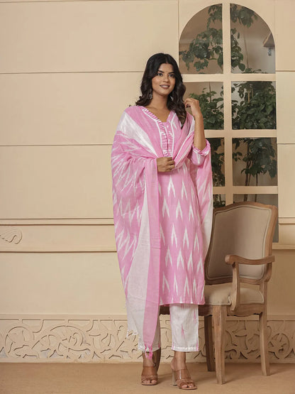 Pink Ikat Print Straight Strappy Kurta Trouser And Dupatta Set