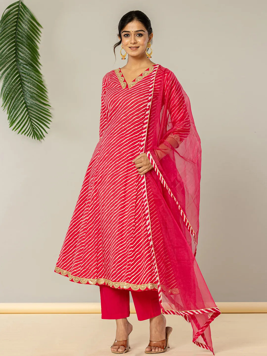 Pink Leheriya Print Cotton A Line Suit Set