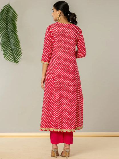 Pink Leheriya Print Cotton A Line Suit Set