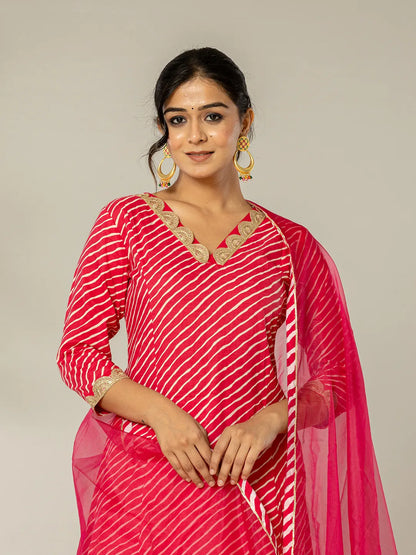 Pink Leheriya Print Cotton A Line Suit Set