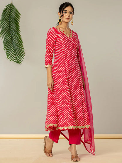 Pink Leheriya Print Cotton A Line Suit Set