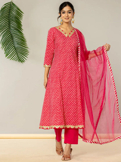 Pink Leheriya Print Cotton A Line Suit Set