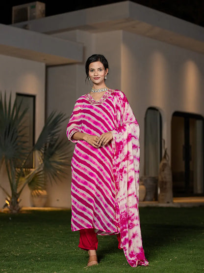 Pink Leheriya Print Poly Georgette Straight Suit Set