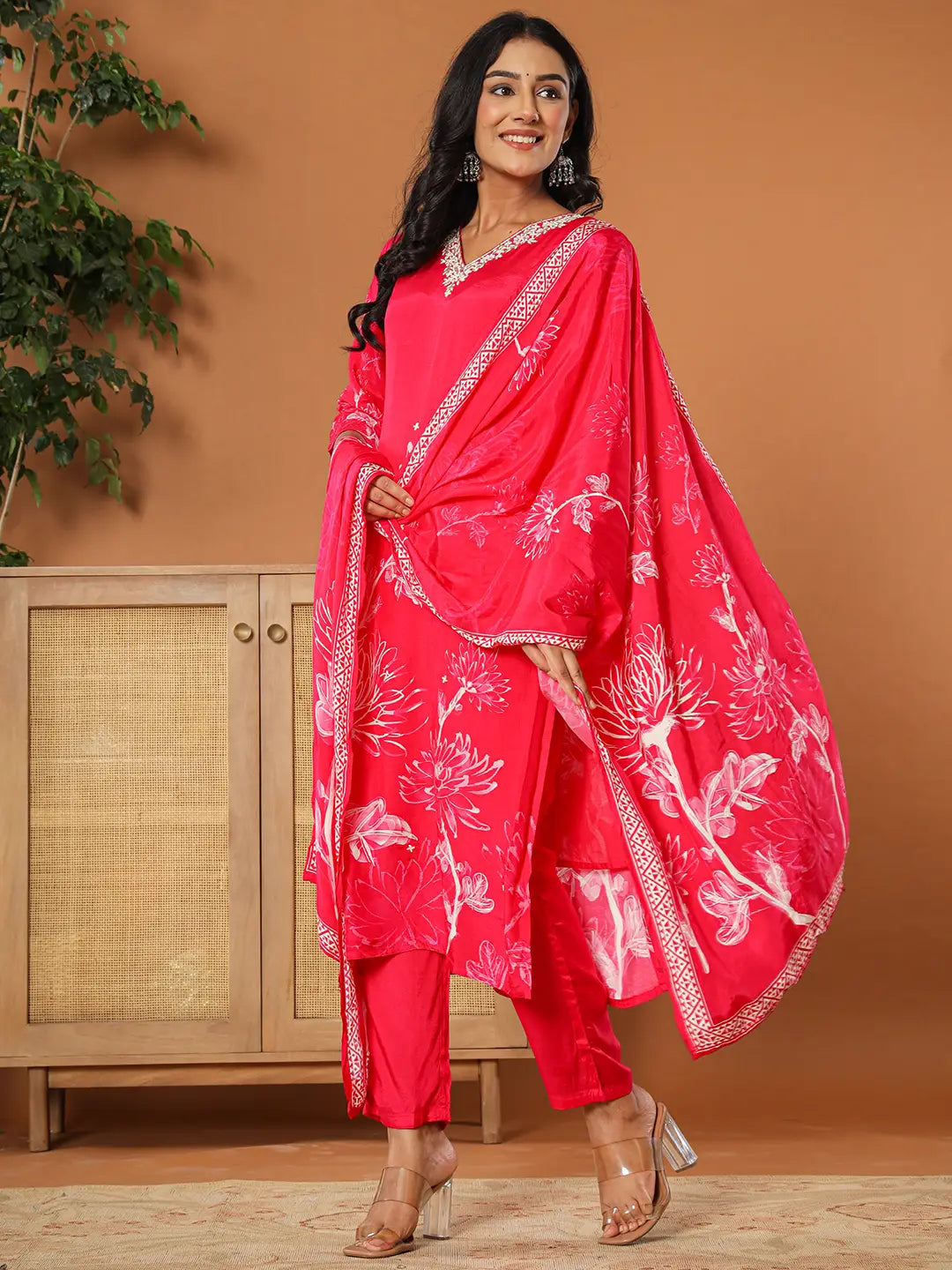 Pink Muslin Hand Embroidery Kurta Dupatta Pant Set