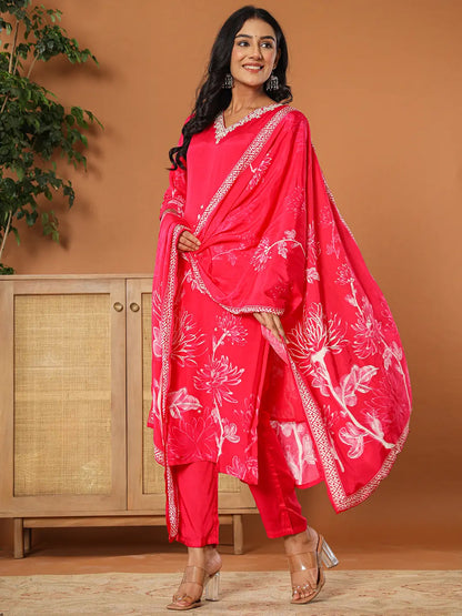 Pink Muslin Hand Embroidery Kurta Dupatta Pant Set