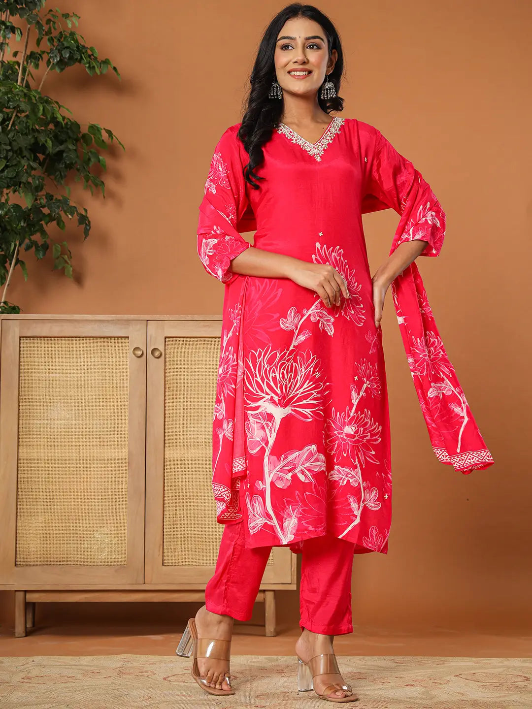 Pink Muslin Hand Embroidery Kurta Dupatta Pant Set