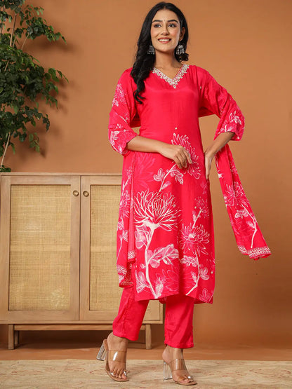 Pink Muslin Hand Embroidery Kurta Dupatta Pant Set