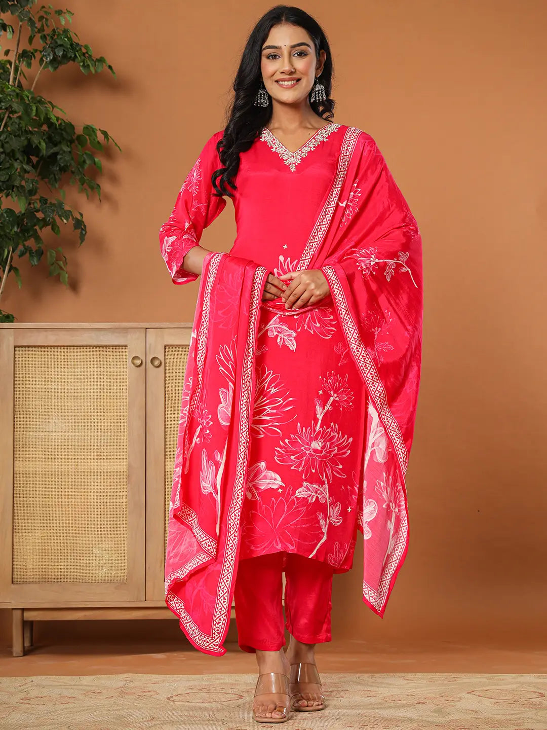 Pink Muslin Hand Embroidery Kurta Dupatta Pant Set