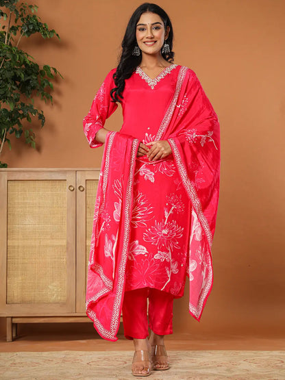 Pink Muslin Hand Embroidery Kurta Dupatta Pant Set