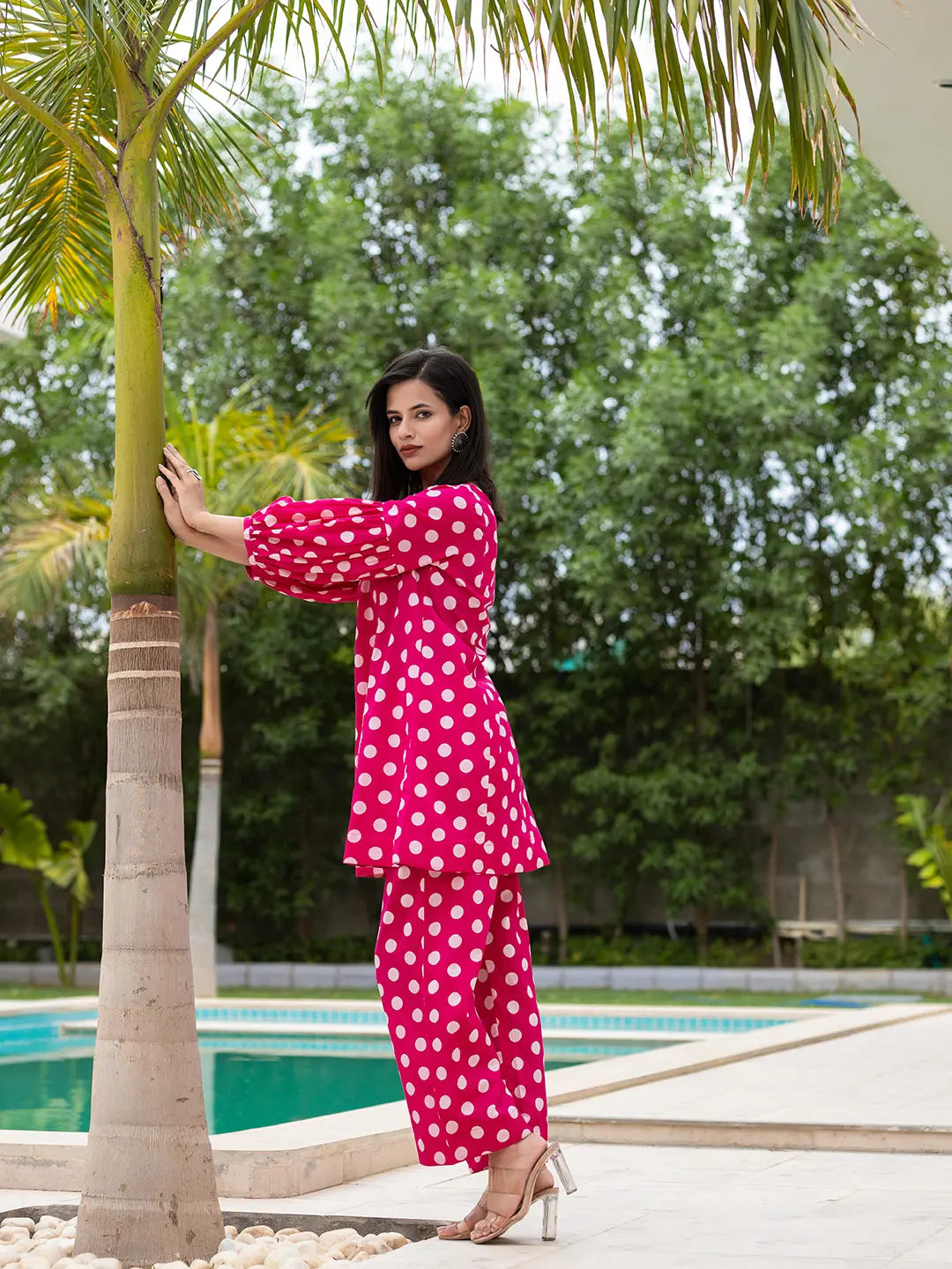 Pink Polka Dot Print Top And Trouser Co Ord Set