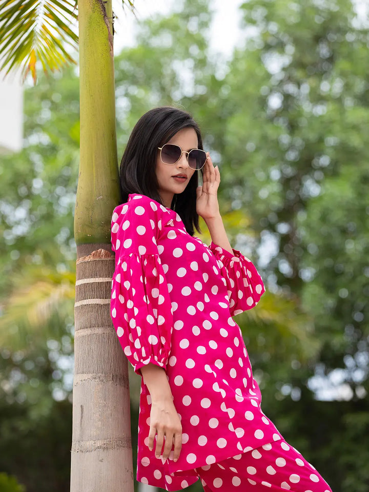 Pink Polka Dot Print Top And Trouser Co Ord Set