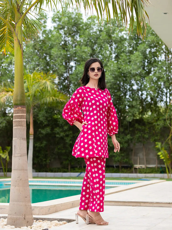 Pink Polka Dot Print Top And Trouser Co Ord Set