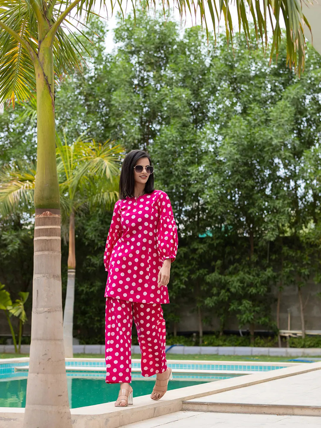 Pink Polka Dot Print Top And Trouser Co Ord Set