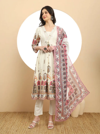 Pink Premium Mul Cotton A-Line Kurta Dupatta Set