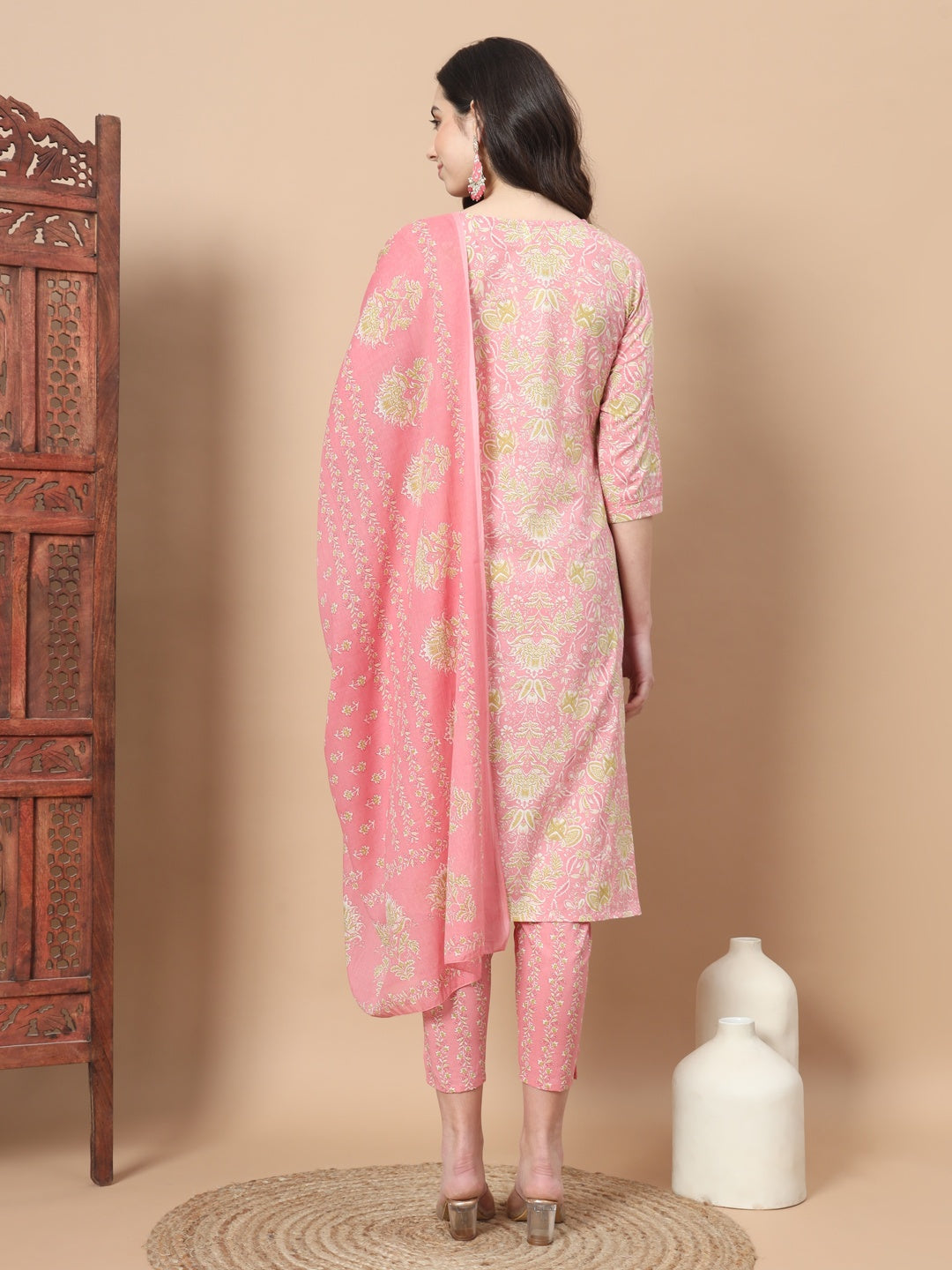 Pink Printed Cotton Kurta Dupatta Set